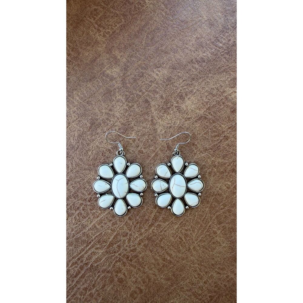Western Cream White Stone Floral Dangle Earrings Southwestern Cowgirl Statement